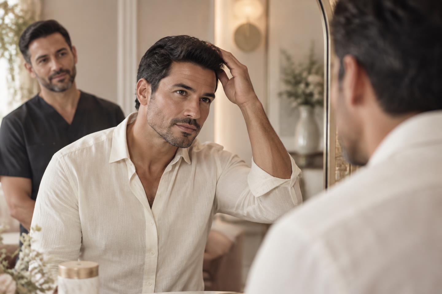 Cliente observando con confianza el resultado de un tratamiento de imagen personal